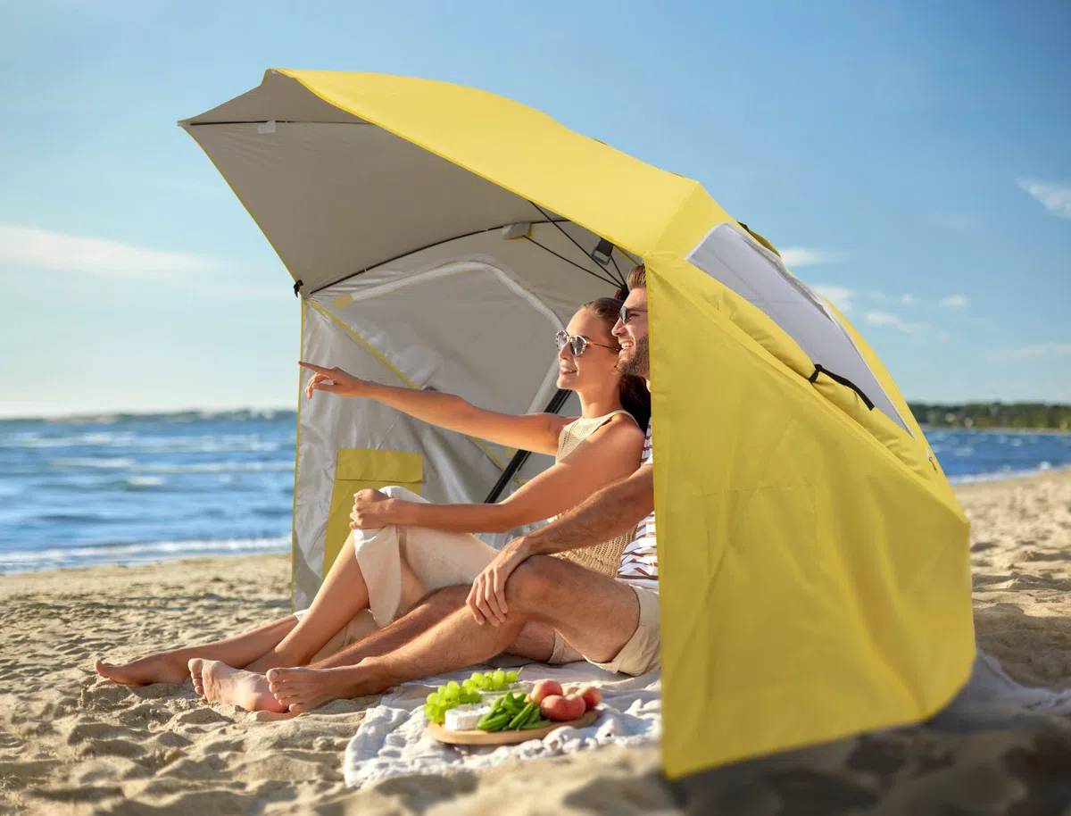 Stagecaptain UM-210 Shady Sonnenschirm-Strandmuschel - Erdspieß zur Montage als Sonnenschirm - Wasserabweisender Stoff inkl. UV-Schutzschicht - Netz-Fenster für eine bessere Luftzirkulation