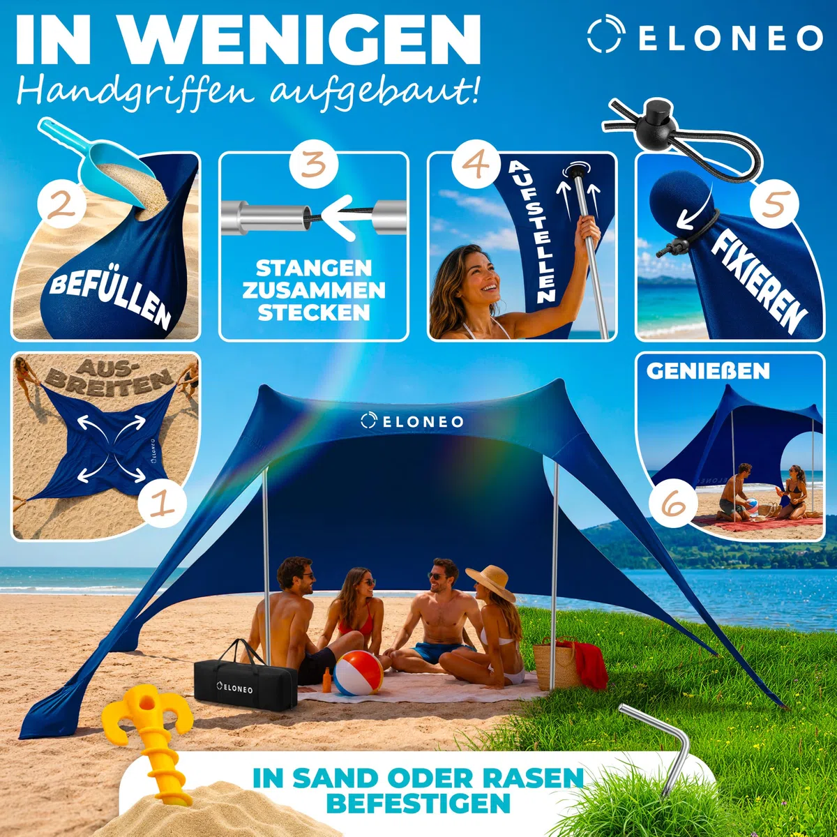 ELONEO Strandzelt, Sonnensegel Strand 200x170x150 cm, LSF 50+, Sonnenschutz für Strand mit Sandschaufel, Heringen und Stabilitätsstangen, Navy