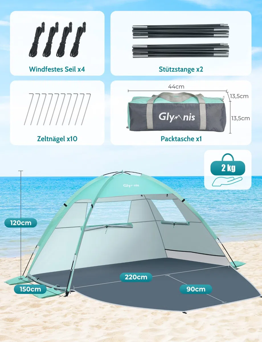 Glymnis Strandmuschel Strandzelt Strand Zelt mit 2 Reißverschlusstür UV-Schutz UPF50+ Windschutz kleines Packmaß Strandzelt für 2-3 Personen