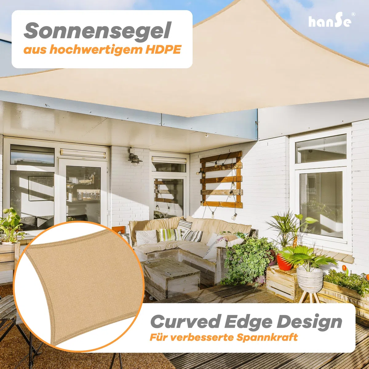 hanSe Sonnensegel rechteckig, Segeltuch Rechteck, 3x4 m in Sand, aus HDPE Gewebe, wetterbeständig mit UV Schutz und Sonnenschutz für Garten, Balkon und Terrasse