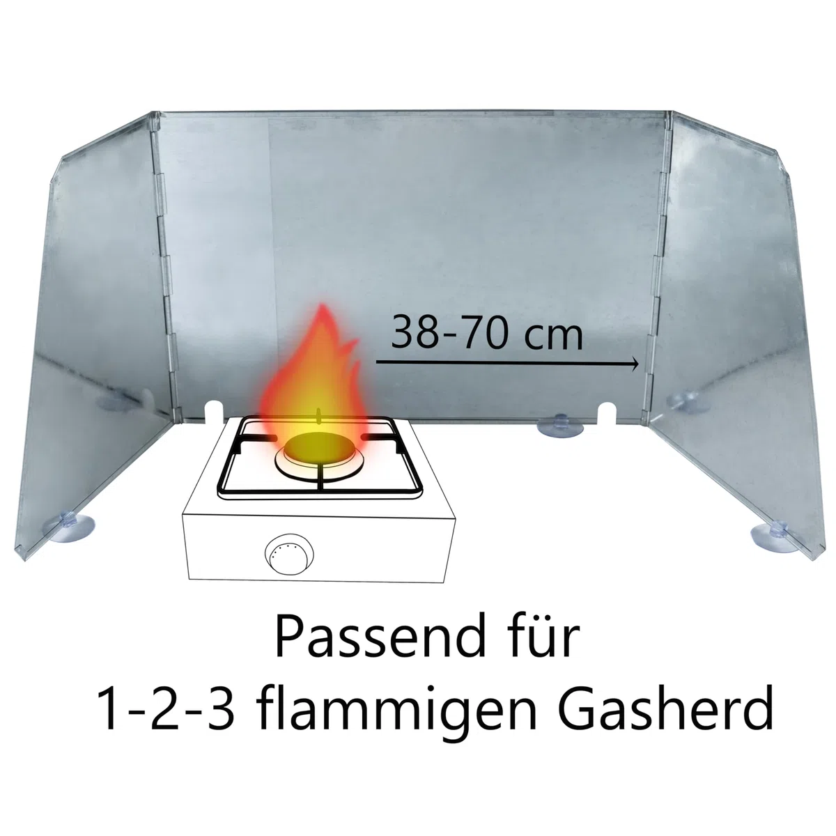 Universal Windschutz für Campingkocher Stahl verstellbar 38-70cm Aufbewahrungstasche passend für 1-2-3 flammigen Gasherd faltbar Spritzschutz Camping Küche