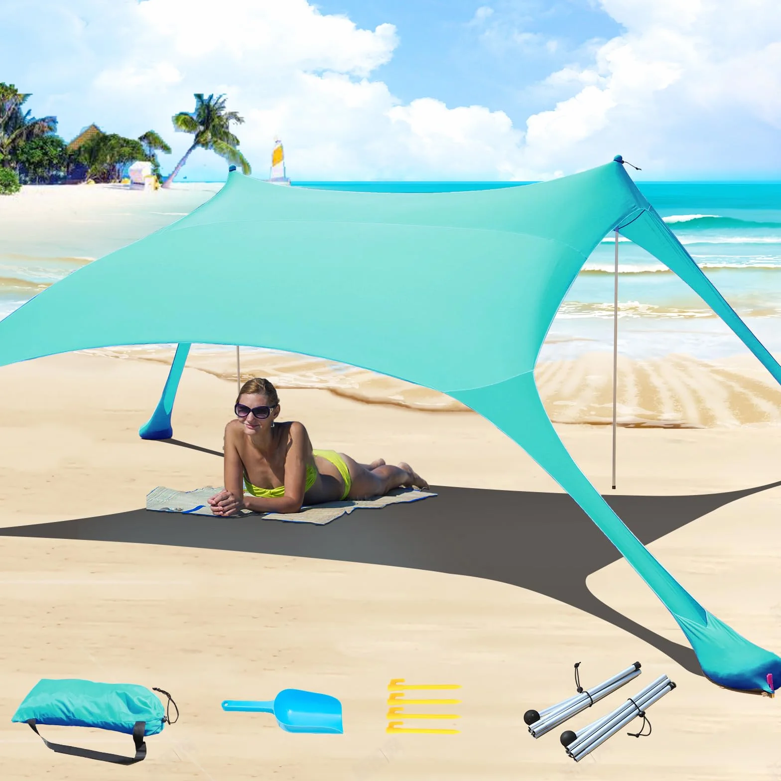 Strandzelt Pop-Up 2x2.1 m LSF 50 Lycra Sonnenschutz Anti-Wind mit Stabilitätsstangen