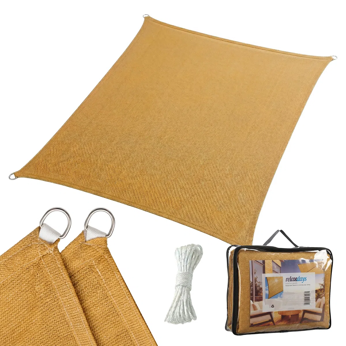 Relaxdays Sonnensegel, 2x3 m, HDPE, atmungsaktiv, Segel für Garten & Balkon, Segeltuch mit Spannseilen, rechteckig, Sand