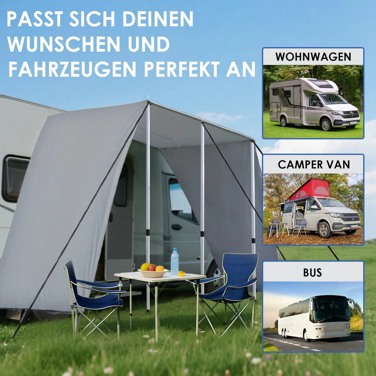 Vorzelt Wohnwagen Sonnensegel 4 x 2.4m mit Kederschiene 4m (4-7mm) DREI Seiten Tarp Camping Zubehör