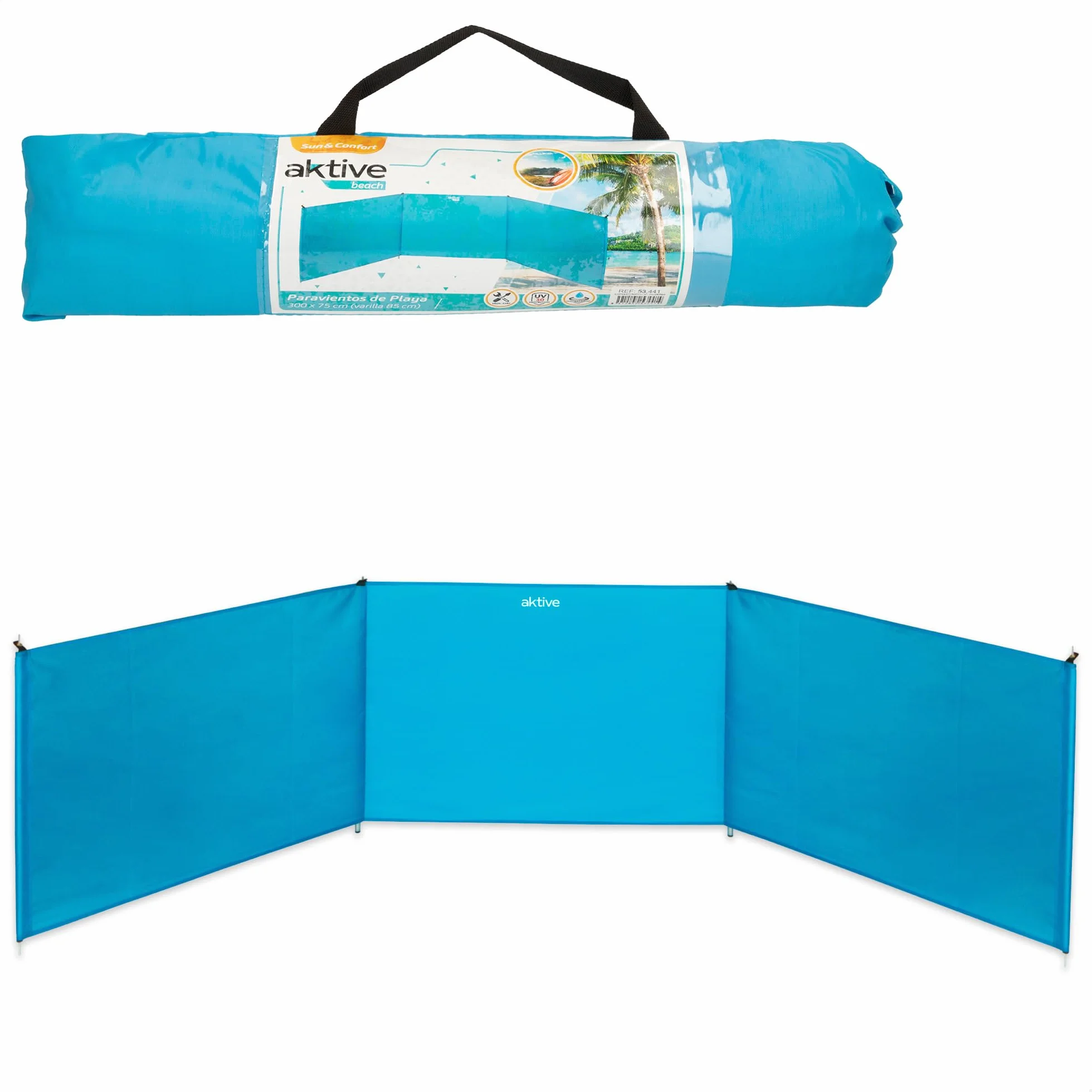 AKTIVE Strand-Windschutz, 300x75/85 cm, Blau, 3 Paneele, 170T Polyestergewebe, UV30-Schutz, Aluminiumstangen, Inkl. 4 Heringen, Tragetasche mit Griff, Faltbarer Windschutz (53441)