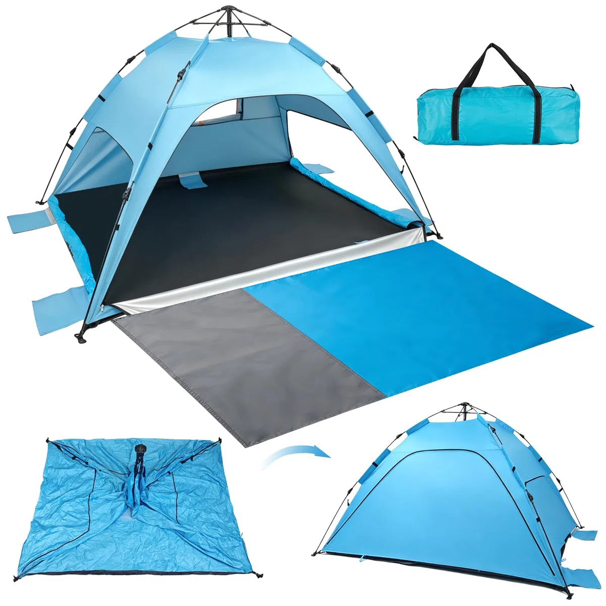 Strandzelt Strandmuschel Pop Up, UV Schutz 50+ Sonnenzelt mit Wasserdichter Strandmatte für 3-4 Personen, 3 Türen Belüftung & herausnehmbarer Boden, Tragbar Windschutz Baby Zelt für Strand Urlaub