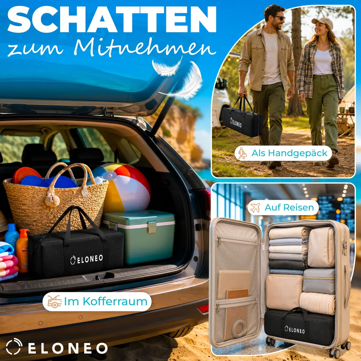 ELONEO Strandzelt, Sonnensegel Strand 200x170x150 cm, LSF 50+, Sonnenschutz für Strand mit Sandschaufel, Heringen und Stabilitätsstangen, Navy