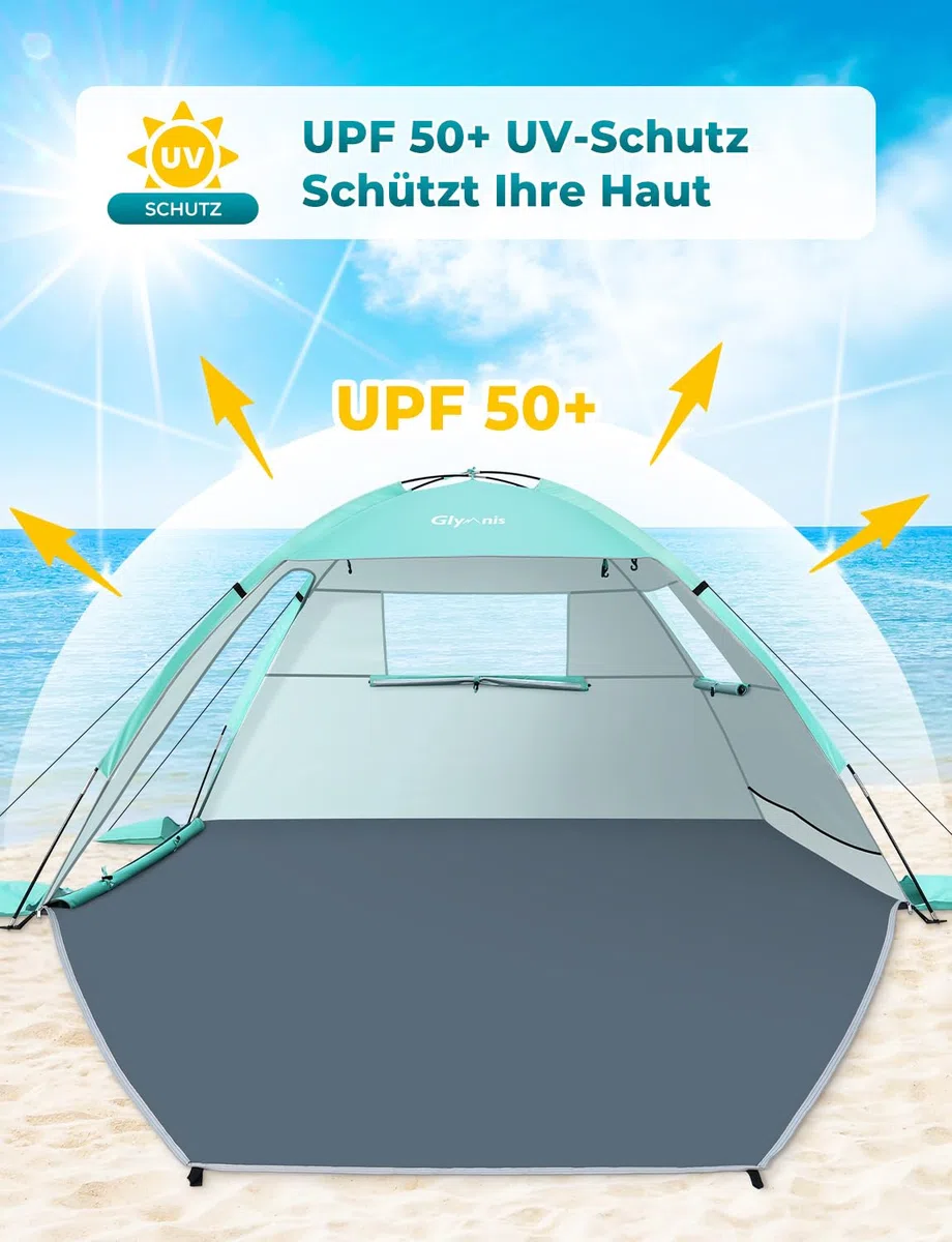 Glymnis Strandmuschel Strandzelt Strand Zelt mit 2 Reißverschlusstür UV-Schutz UPF50+ Windschutz kleines Packmaß Strandzelt für 2-3 Personen