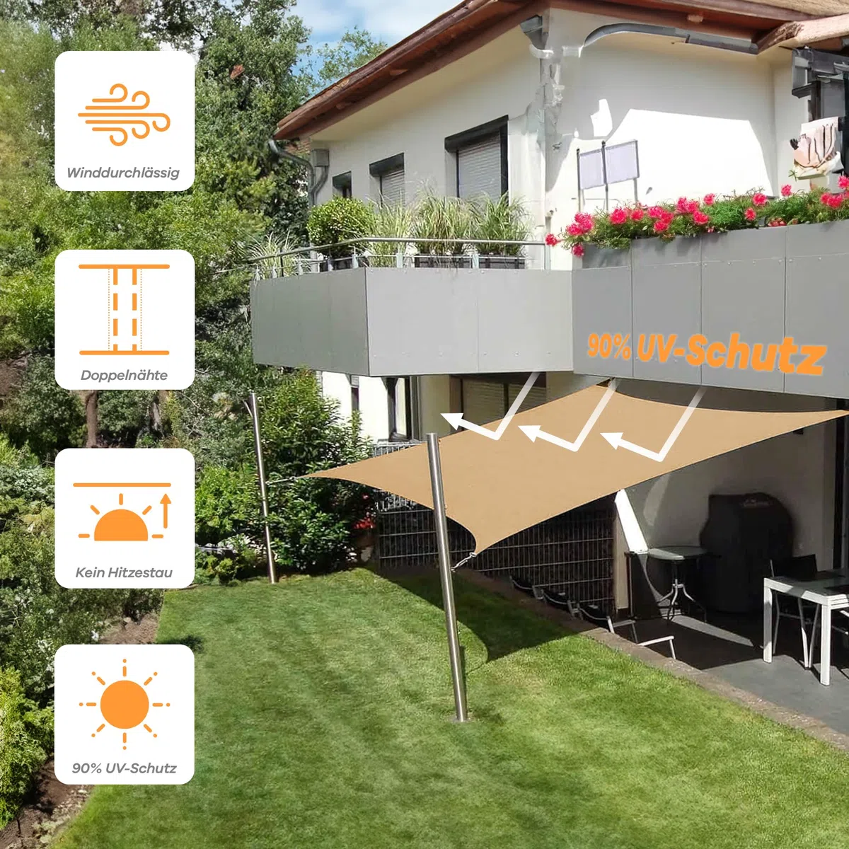 hanSe Sonnensegel rechteckig, Segeltuch Rechteck, 3x4 m in Sand, aus HDPE Gewebe, wetterbeständig mit UV Schutz und Sonnenschutz für Garten, Balkon und Terrasse