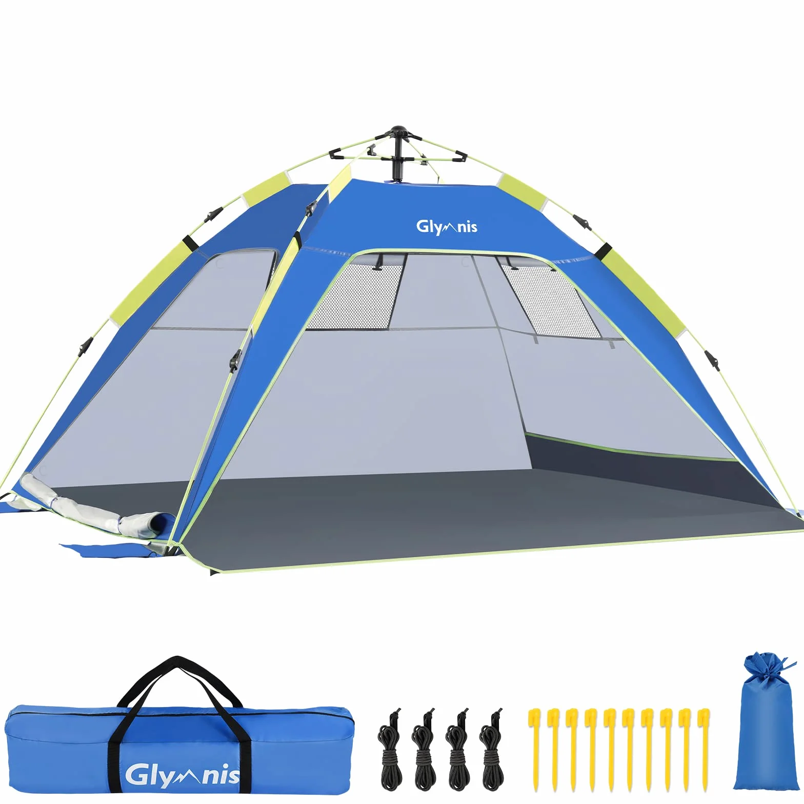 Glymnis Strandmuschel Quick Up Strandzelt Automatisches Strand Zelt mit Reißverschlusstür UV-Schutz 50+ Windschutz kleines Packmaß Strandzelt für 3 bis 4 Personen