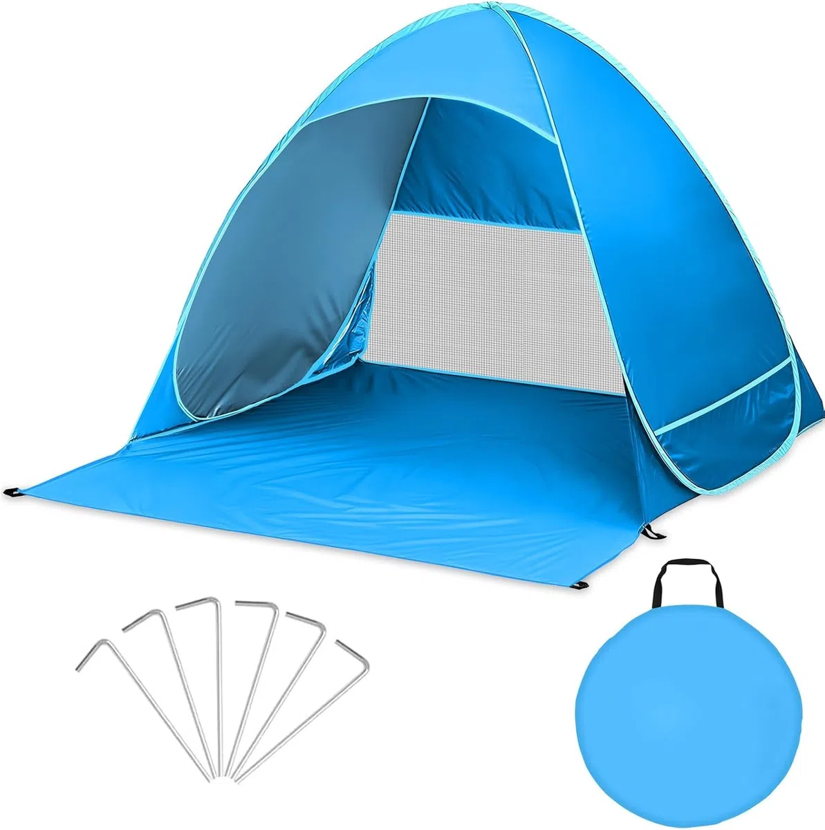 Strandmuschel Pop Up Strandzelt Strand Zelt mit Reißverschlusstür UV-Schutz 50+ Windschutz kleines Packmaß Blau Strandzelt