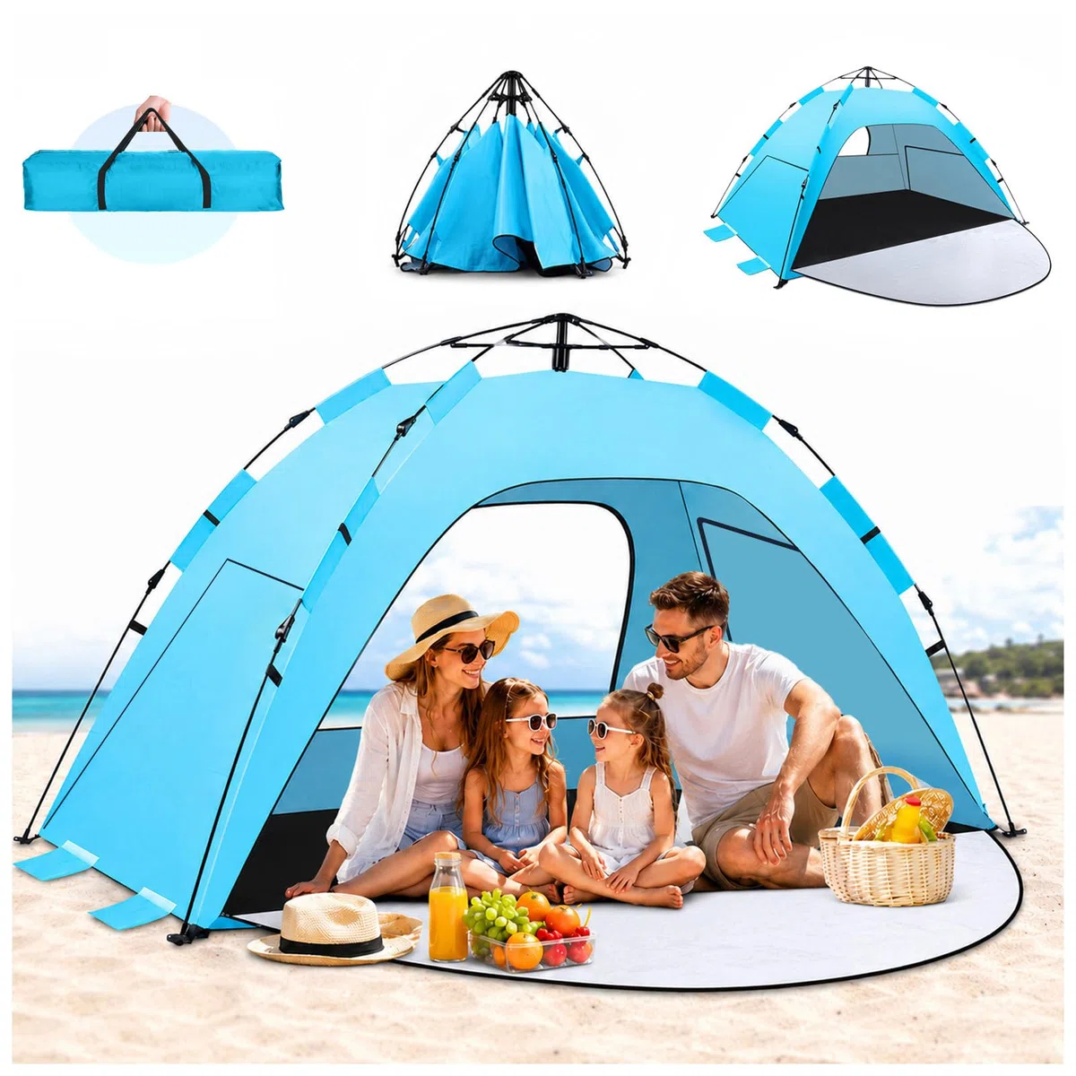 WARMTUYO Quick Up Strandmuschel, 3 Sekunde Automatisches Pop Up Strandzelt für Familie, Kein Aufbau Nötig, UV-Schutz 50+, mit 3 Erweiterbarer Veranda, Windschutz für Strand, Garten, Camping-Blau