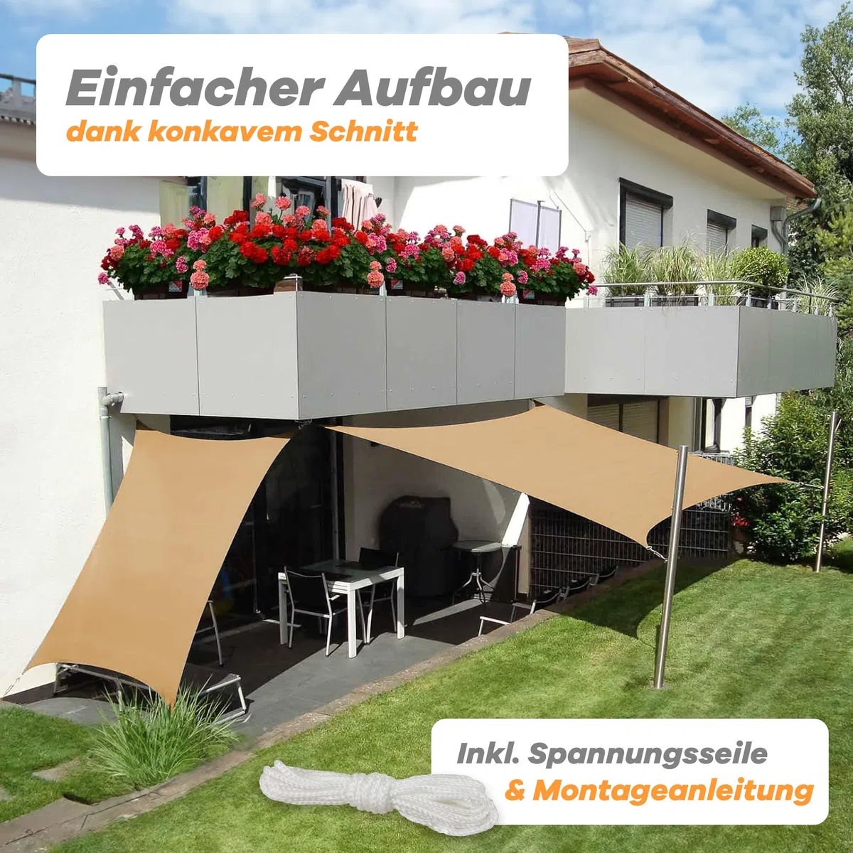 hanSe Sonnensegel rechteckig, Segeltuch Rechteck, 3x4 m in Sand, aus HDPE Gewebe, wetterbeständig mit UV Schutz und Sonnenschutz für Garten, Balkon und Terrasse