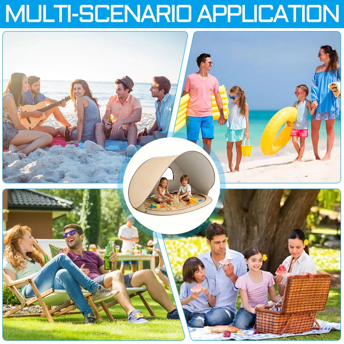 Strandmuschel Pop Up Uv Schutz 50+, 2-3 Personen Groß Strandzelt 1kg-Leicht & Tragbar, Wasserdicht Sonnenbeständig Atmungsaktiv, 200x120x100cm, für Wanderausflug Strand Camping (G)