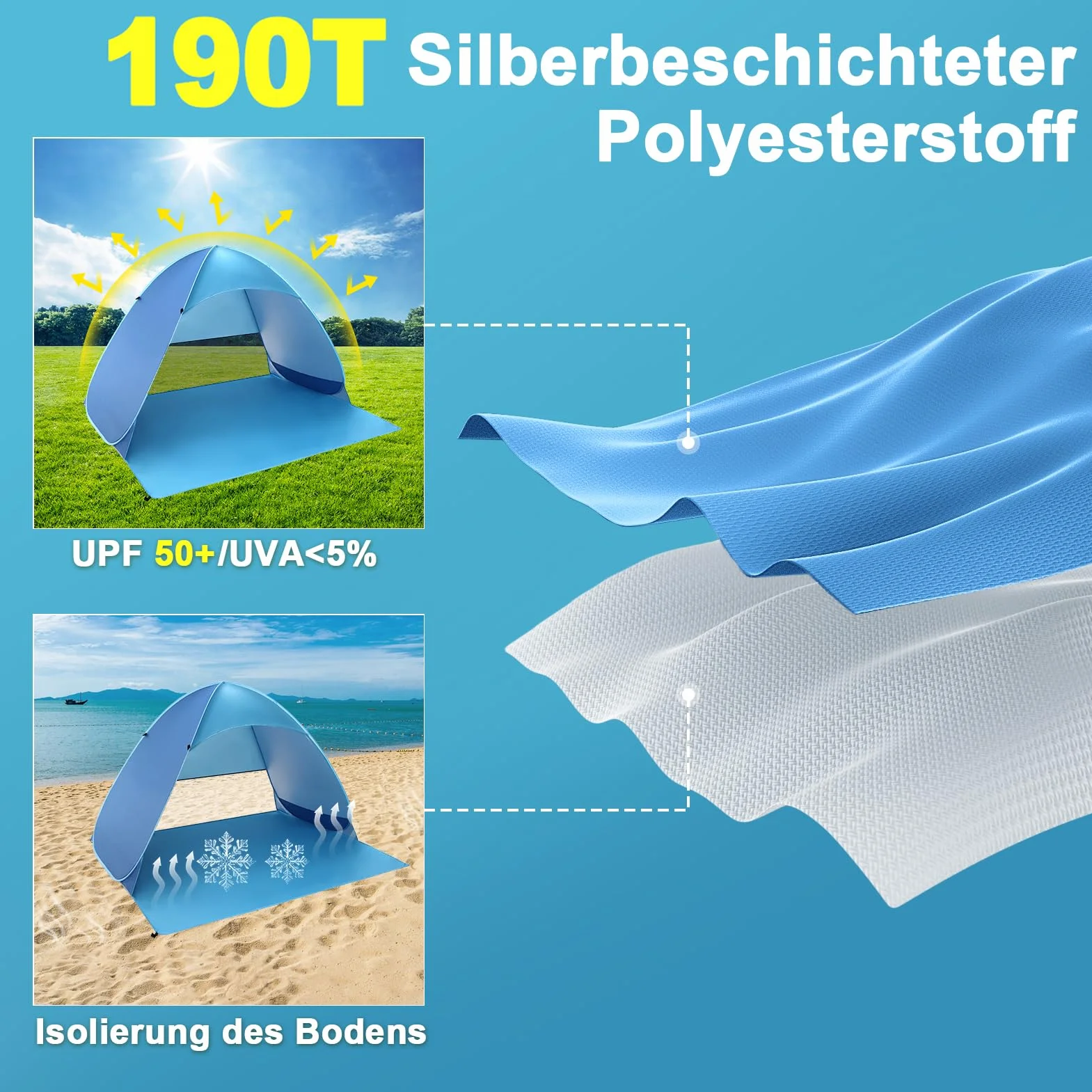COVACURE Strandmuschel Pop Up XXL Strandzelt für 3–4 Personen, mit UV-Schutz UPF 50+ Ideal für Strand, Garten und Park