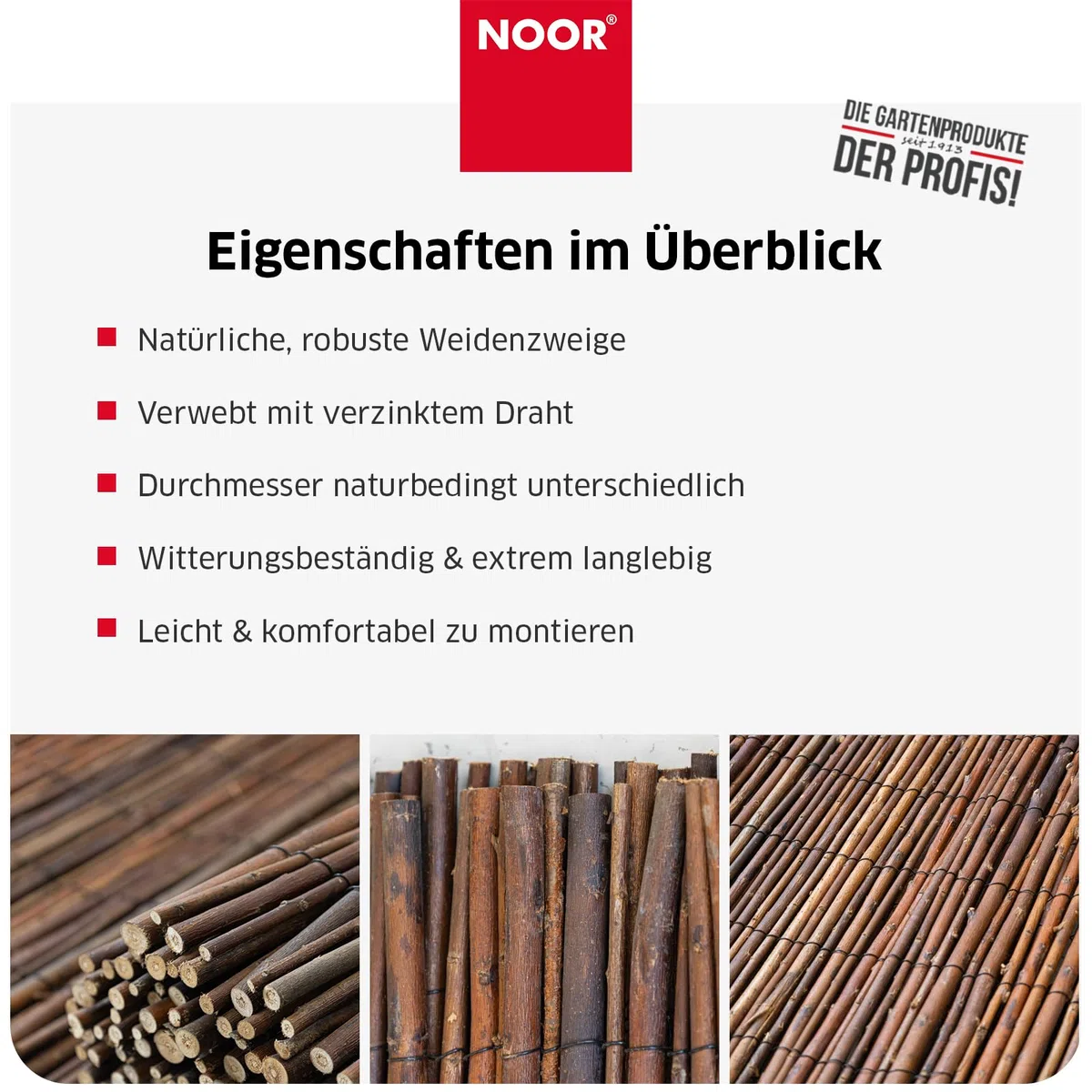 NOOR Weidenmatte DELUXE - Sichtschutzmatte Weidenzaun - Natur 0,9 x 4,5 m | Hochwertiger Sicht- & Windschutz aus Weidenzweigen für Garten, Terrasse & Balkon - robuste Zaunblende mit verzinktem Draht