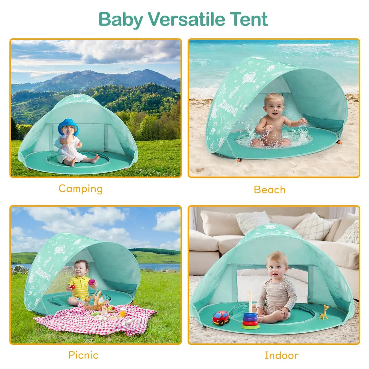 Strandmuschel Pop Up Baby Strandzelt Strandmuscheln,Tragbar Baby Strand Zelt mit Mini Pool UV-Schutz 50+ Sun Windschutz Shelter für Kleinkinder mit Strand Sand Spielzeug Set, Minzgrün