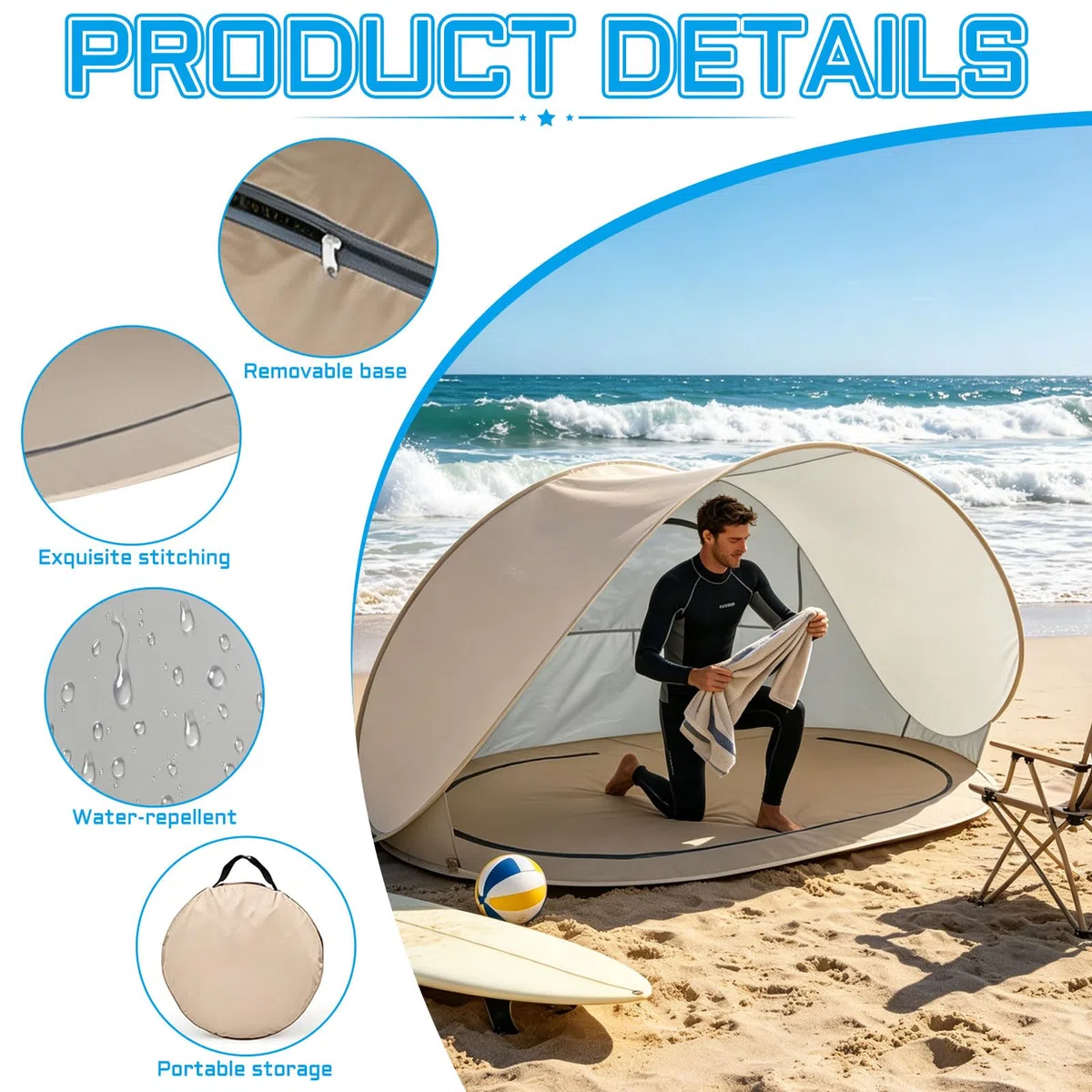 Strandmuschel Pop Up Uv Schutz 50+, 2-3 Personen Groß Strandzelt 1kg-Leicht & Tragbar, Wasserdicht Sonnenbeständig Atmungsaktiv, 200x120x100cm, für Wanderausflug Strand Camping (G)