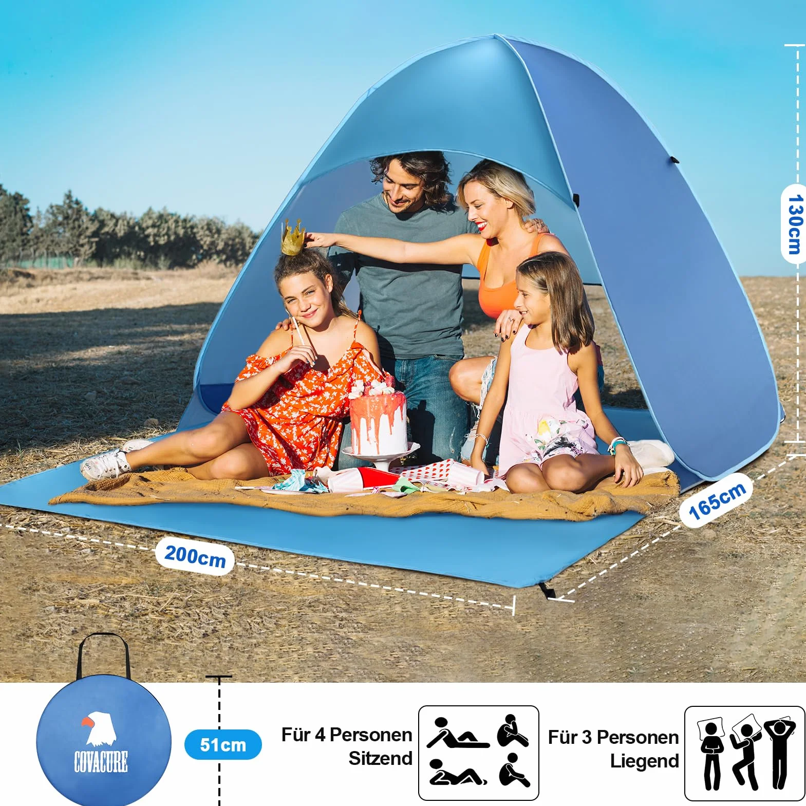 COVACURE Strandmuschel Pop Up XXL Strandzelt für 3–4 Personen, mit UV-Schutz UPF 50+ Ideal für Strand, Garten und Park