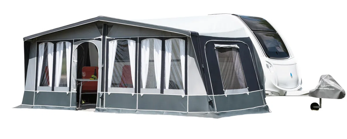 DWT Prime Air HQ mit 240cm Tiefe Wohnwagen Vorzelt, aufblasbar, Texolan 150 HQ, teilbare Vorderwand, Air-In-System, inkl. Höhen-Ausgleichs-Blocks