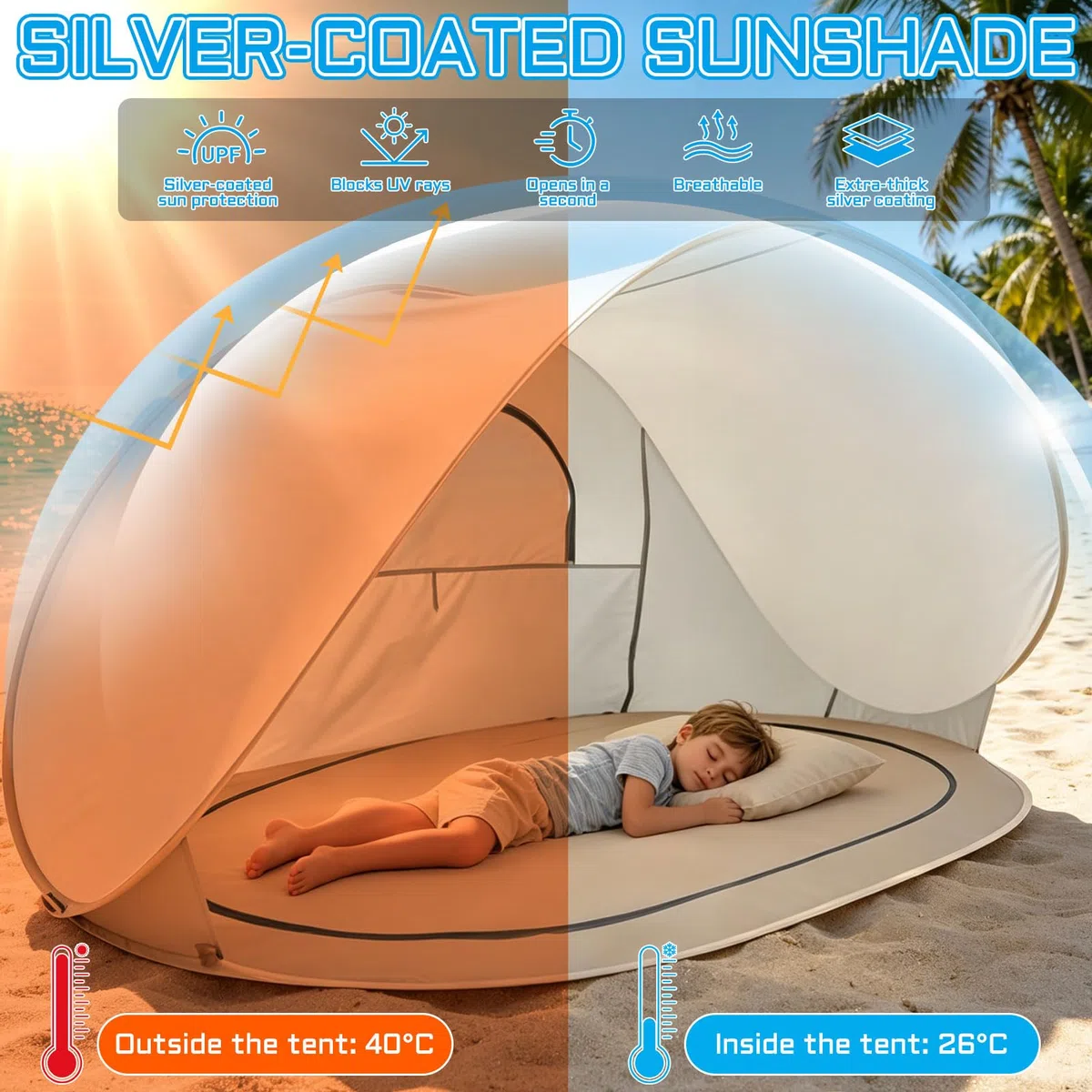 Strandmuschel Pop Up Uv Schutz 50+, 2-3 Personen Groß Strandzelt 1kg-Leicht & Tragbar, Wasserdicht Sonnenbeständig Atmungsaktiv, 200x120x100cm, für Wanderausflug Strand Camping (G)