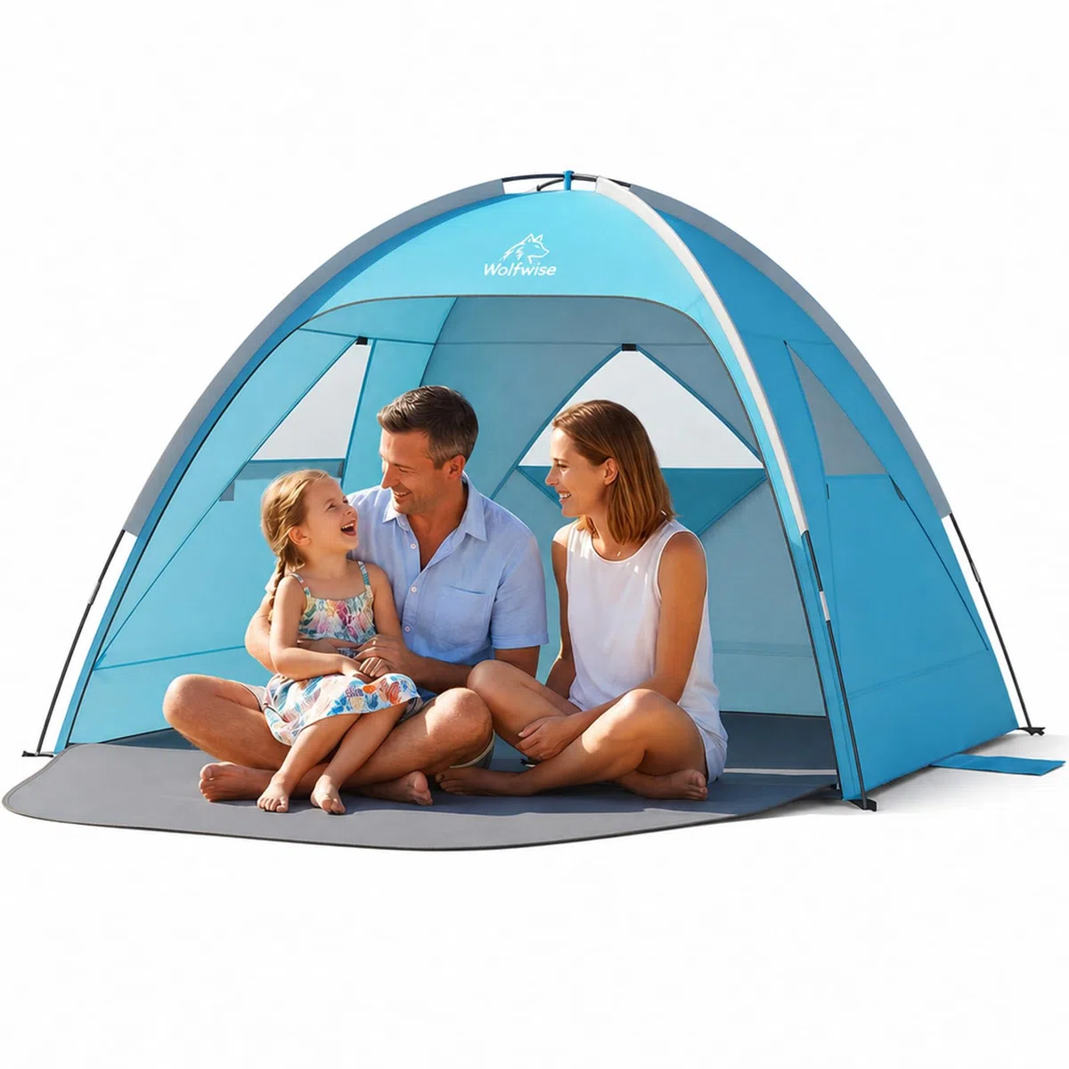 Wolfwise Strandmuschel UV Schutz, 3 Belüftungsfenster & Tragetasche, Strand Zelt mit erweiterbarem Boden für Privatsphäre, 3 Personen, 220x150x122cm(87 ''x59''x48''), Blau