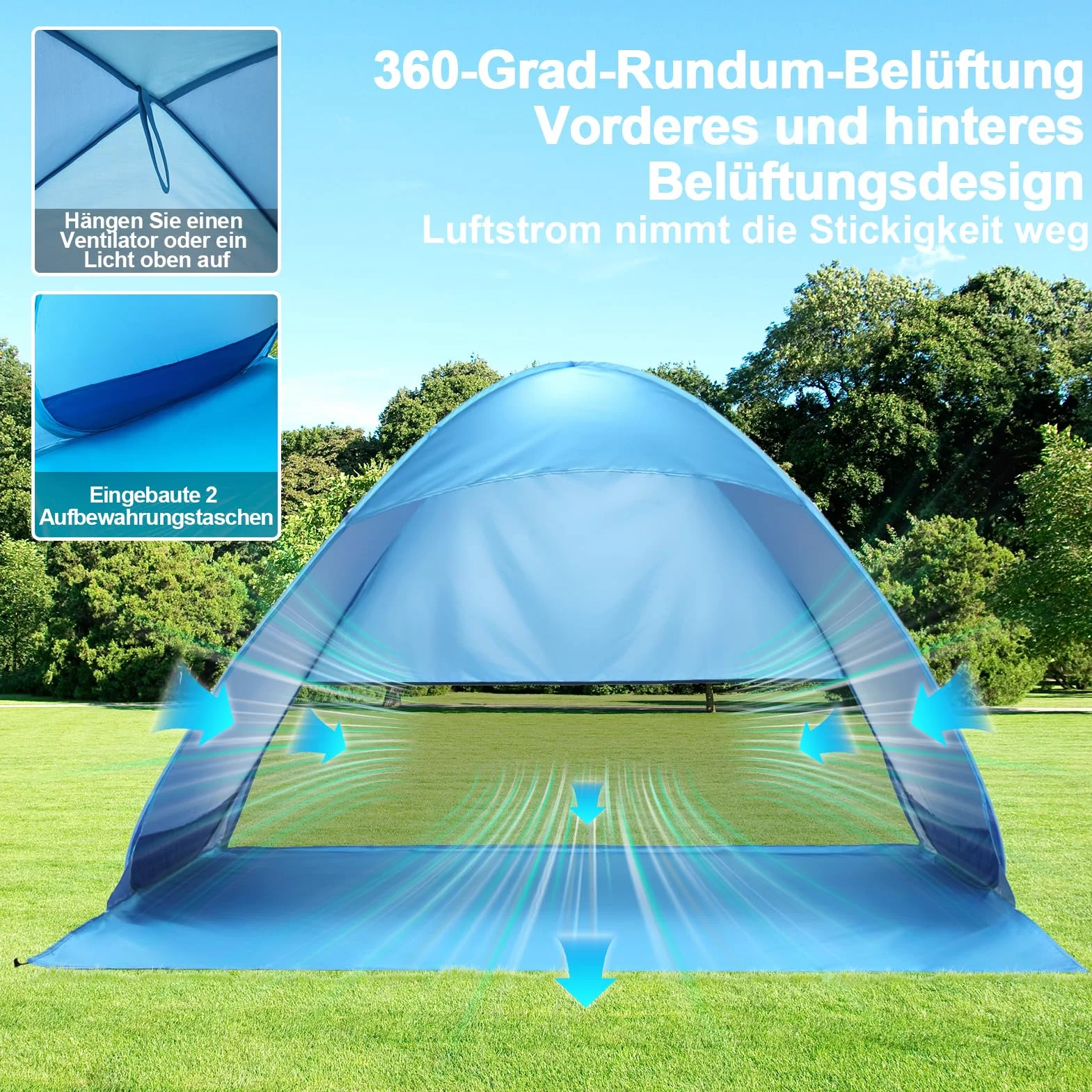COVACURE Strandmuschel Pop Up XXL Strandzelt für 3–4 Personen, mit UV-Schutz UPF 50+ Ideal für Strand, Garten und Park