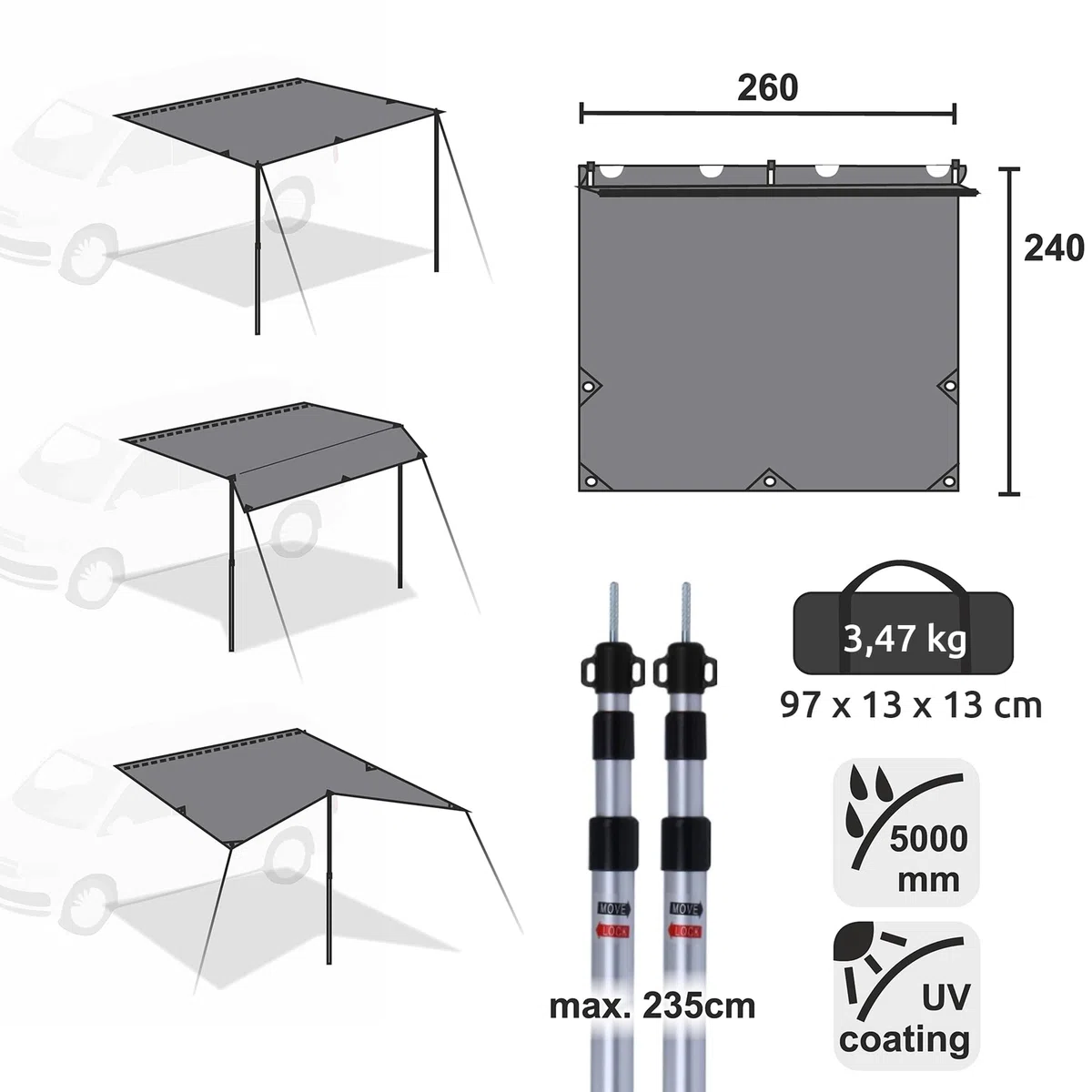 GEAR Motorhome Cotton Tarp TC 260 x 240 Sonnensegel inkl. Aufstellstangen Camping