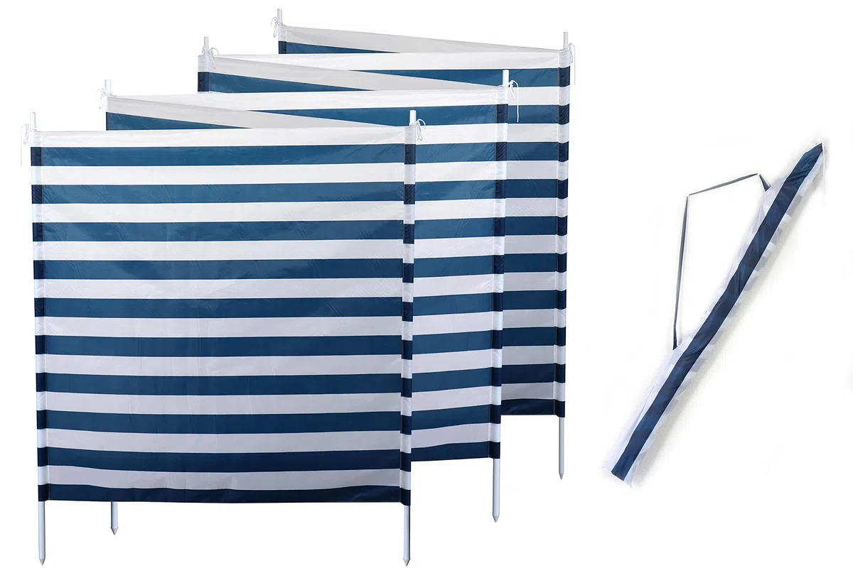 ELLUG Windschutz Sichtschutz Sonnenschutz blau weiß gestreift 6m*1,2m, 7 Stahlstangen für Strand Camping Garten Balkon