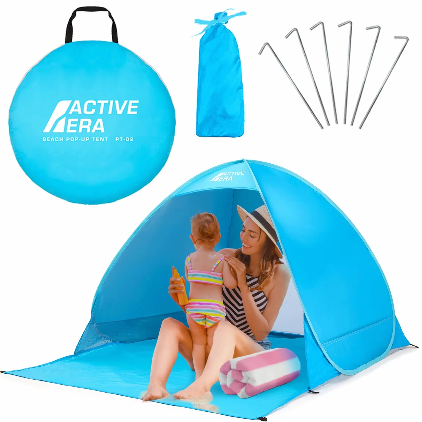 Active Era Pop Up Strandmuschel mit UV Schutz, UPF 50+ Strandzelt, Windschutz Strand, Zelt für 2-3 Personen inkl. Tragetasche und Heringe - Blau