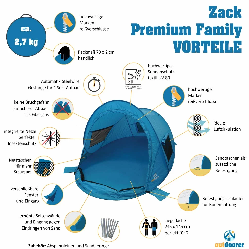 Outdoorer Strandmuschel Zack Premium Family Pop Up UV 80 Sonnenschutz