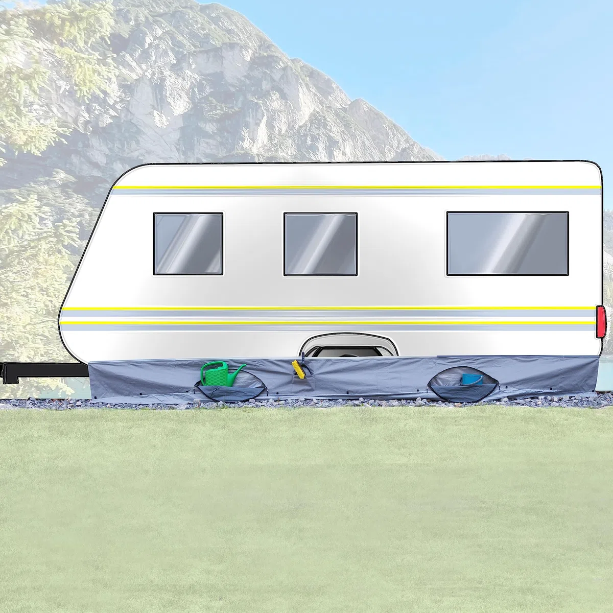 Bodenschürze Wohnwagenschürze 580x50 cm - Grau - mit 2 großen Aufbewahrungstaschen 95x85x30cm - Windschutz für Vorzelt Windblende Wagenschürze Camping Zubehör