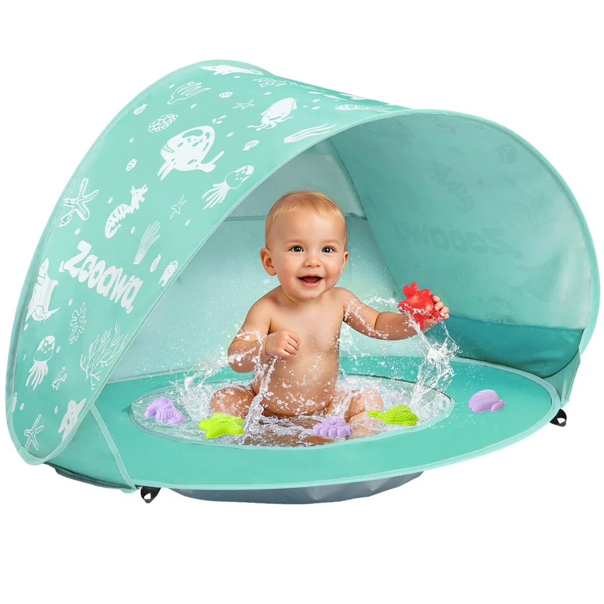 Strandmuschel Pop Up Baby Strandzelt Strandmuscheln,Tragbar Baby Strand Zelt mit Mini Pool UV-Schutz 50+ Sun Windschutz Shelter für Kleinkinder mit Strand Sand Spielzeug Set, Minzgrün