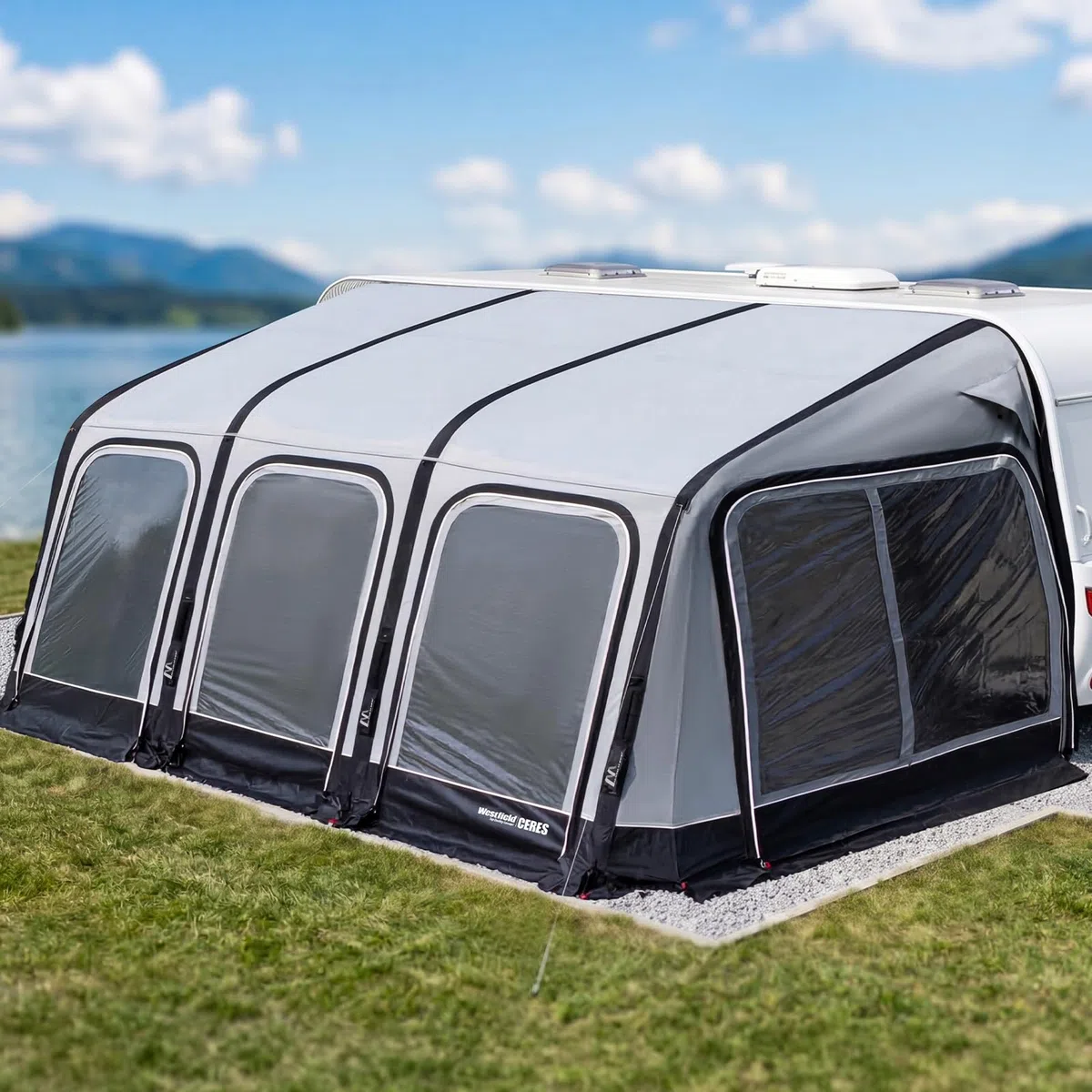 Westfield Outdoors Ceres 7, Aufblasbares Vorzelt für Wohnwagen, Höhe 235–260cm, B510 x T250 cm, 3000mm Wassersäule, UV- & windstabil, Abnehmbare Wände, EIN-Punkt-Aufblassystem, inkl. Luftpumpe