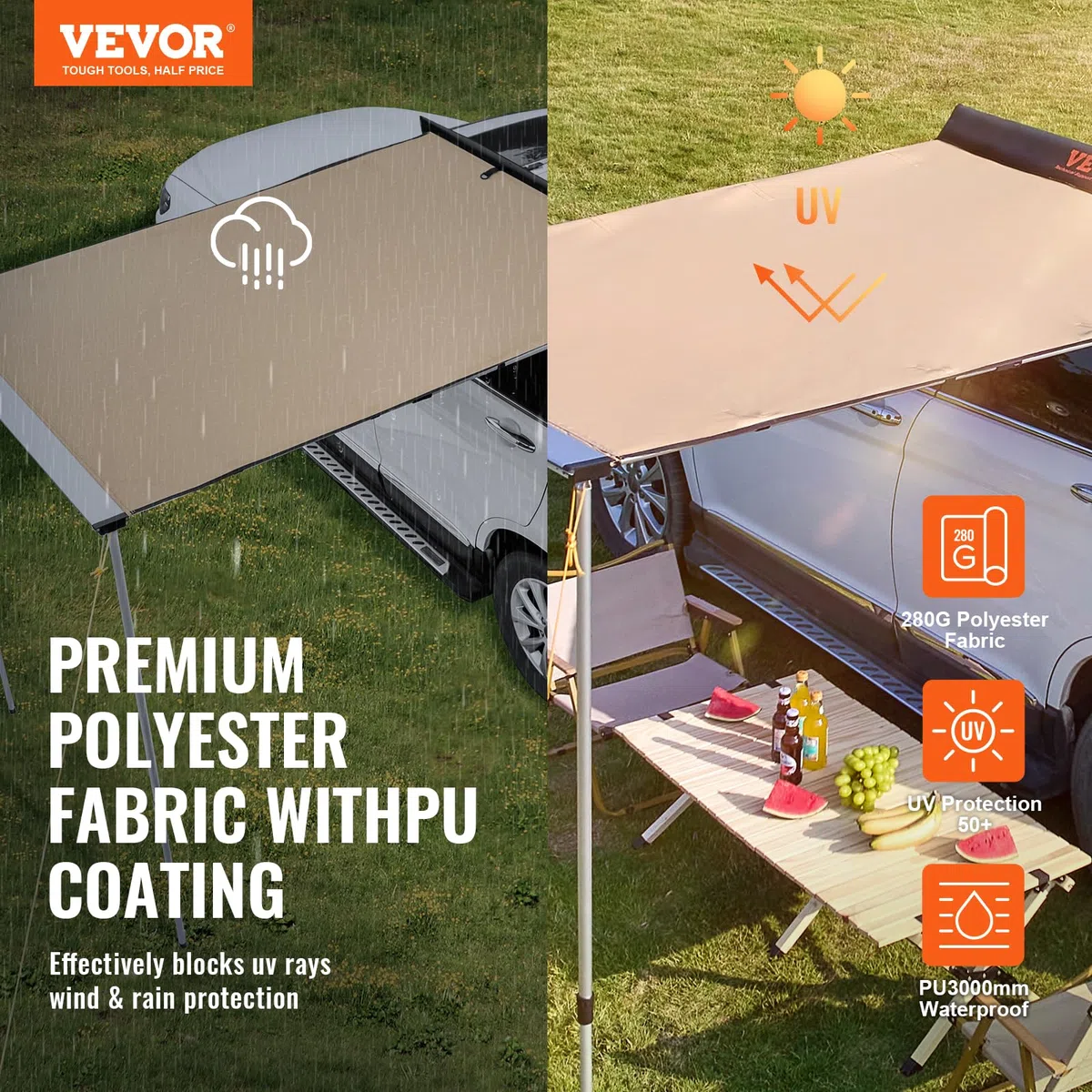 VEVOR Sonnensegel Wohnwagen 1,4x2m UV50+ UV-Schutz Markise 280g Polyestergewebe PU3000mm Wasserdicht inkl. PVC-Tasche